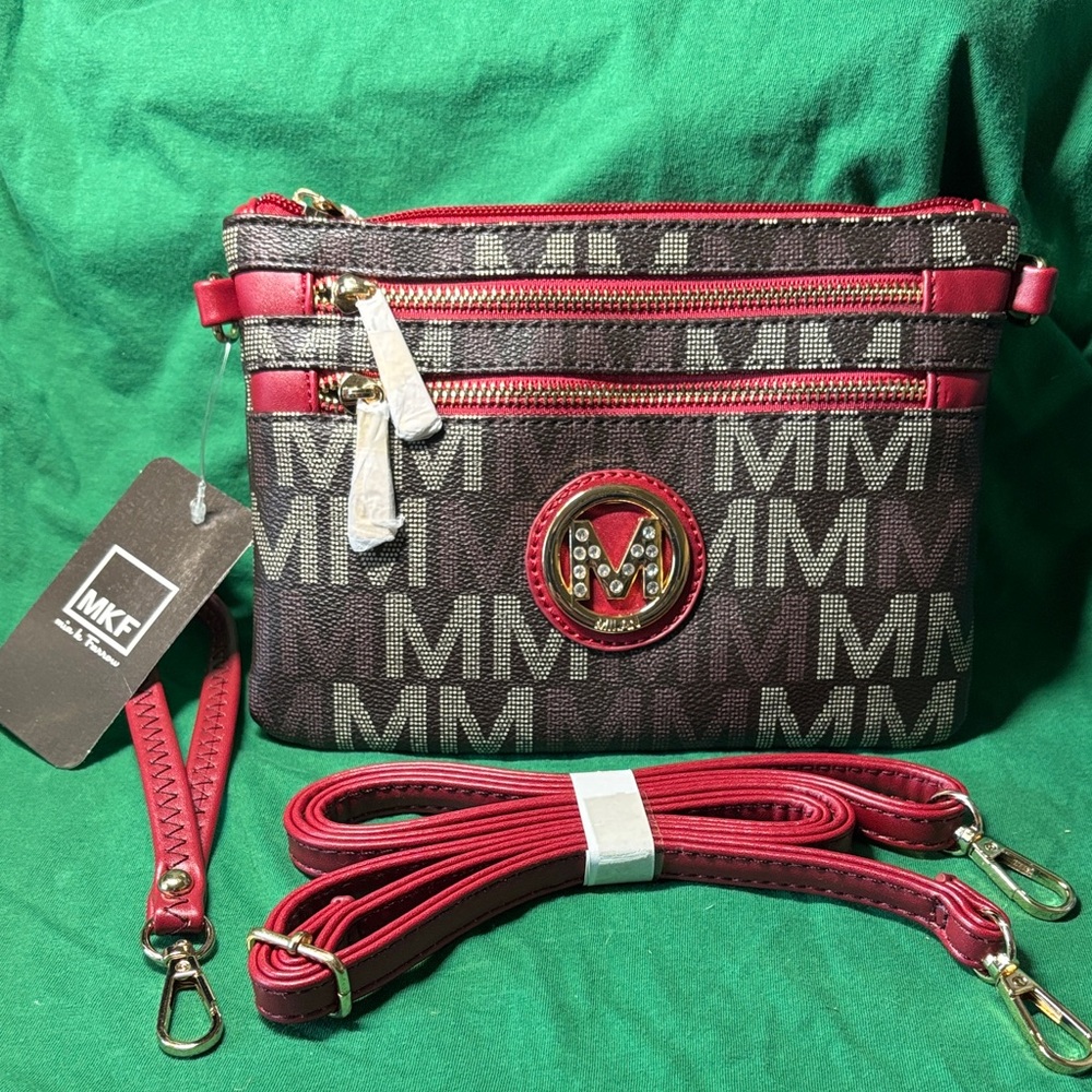 MKF Crossbody adjustable strap triple zipper purse brand new